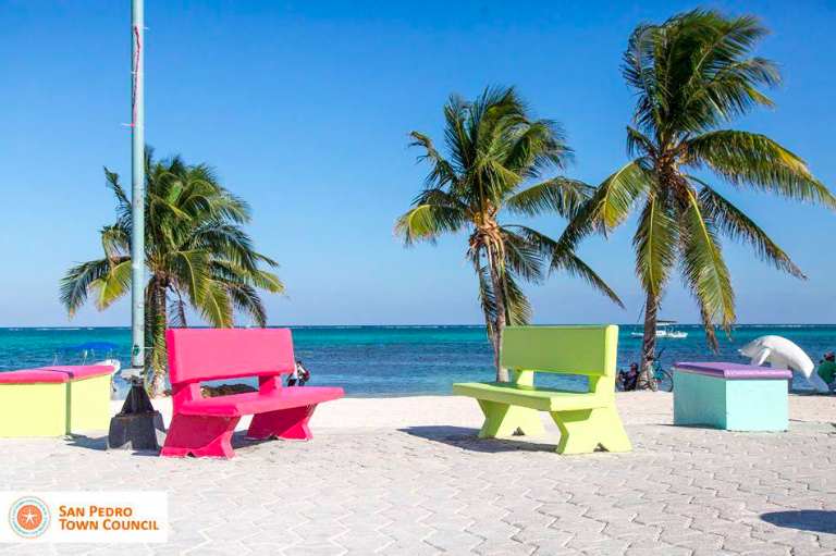 benches on the beach in Belize