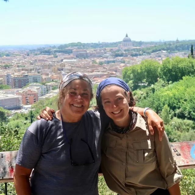 The author and Gina Fabbri, another pilgrim, in the park at Monte Mario looking down on Vatican City.