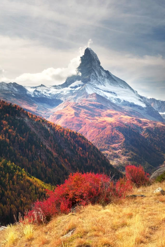 A view of Matterhorn peak in autumn in Switzerland.