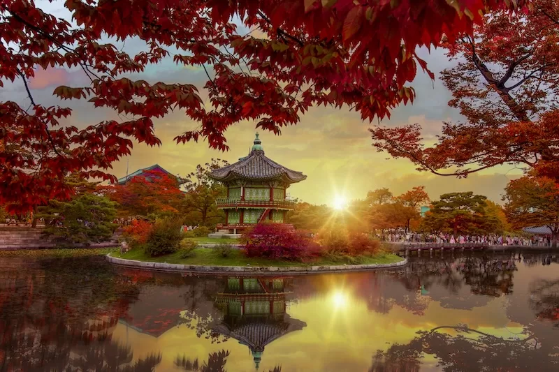 The Hyangwonjeong Pavilion at the Gyeongbokgung Palace in Seoul, South Korea.