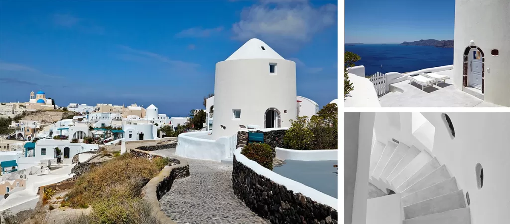 Exterior view of the Aegean from the roof of the Windmill Villa, Santorini Greece.