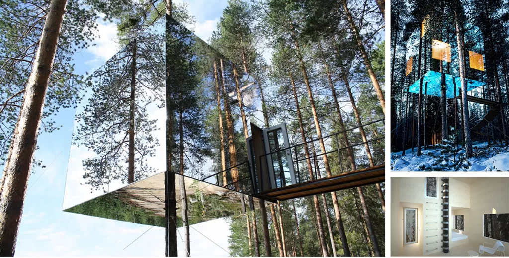 Exterior and interior of the Mirrorcube, Sweden.