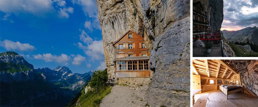 The Berggasthaus Aescher guest house and restaurant at sunset, restaurant under a cliff on mountain Ebenalp in Switzerland, Appenzell. Photo courtesy of iStock/fokkebok