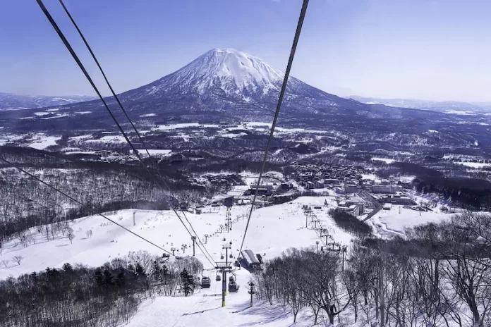 Ski lifts at Mount Yotei, Niseko Hokkaido Japan.