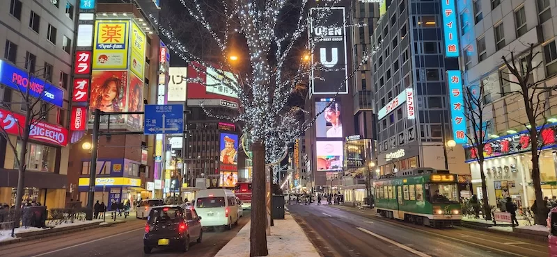 The bustling streets of Hokkaido.