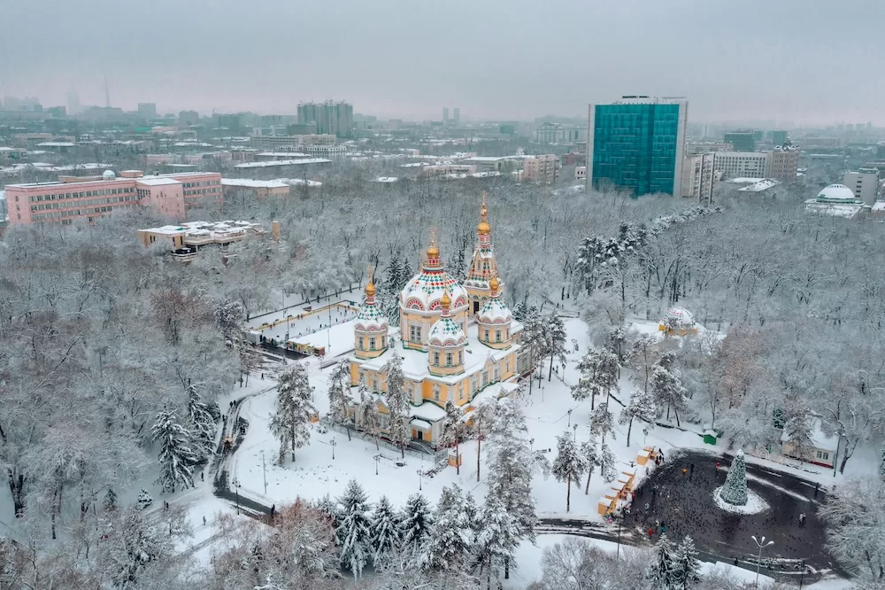 An aerial view of the Park of the 28 Panfilovite Guards, the site of the Ascension Cathedral, in Almaty, Kazakhstan.