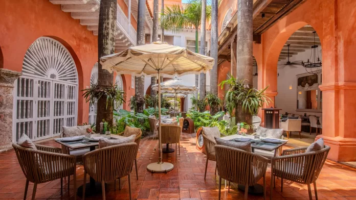 The hotel restaurant of the Hotel Casa San Agustin Hotel, Cartagena, Columbia.