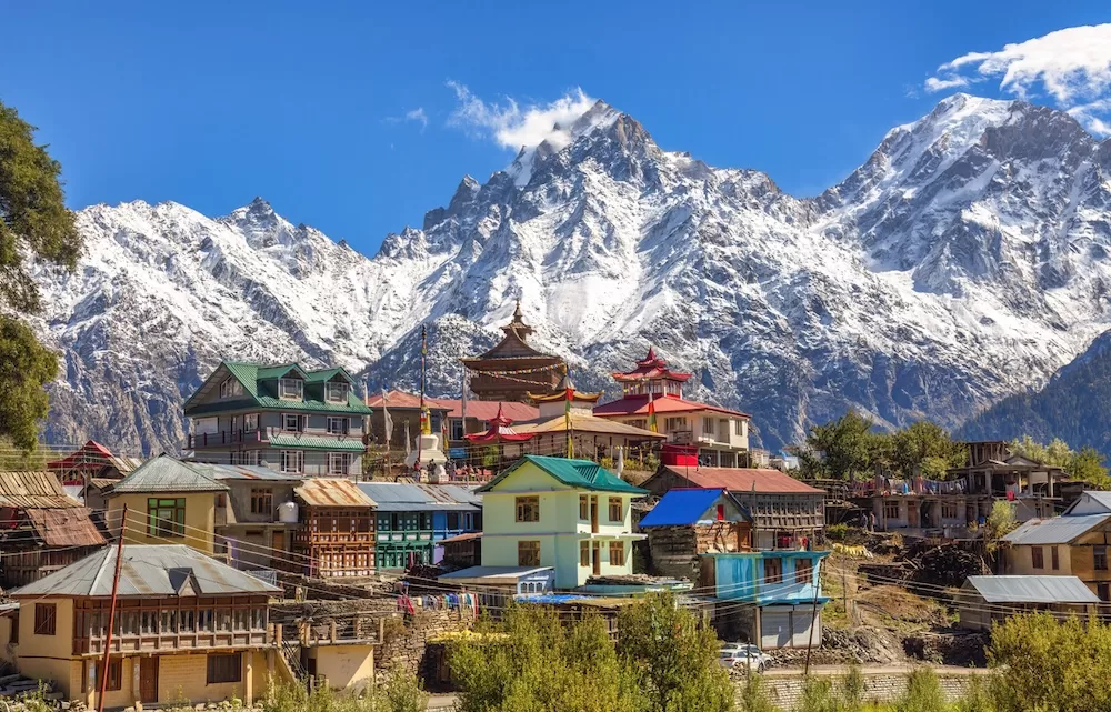 Kalpa village with the Himalayan mountain range in the background, Pradesh India.