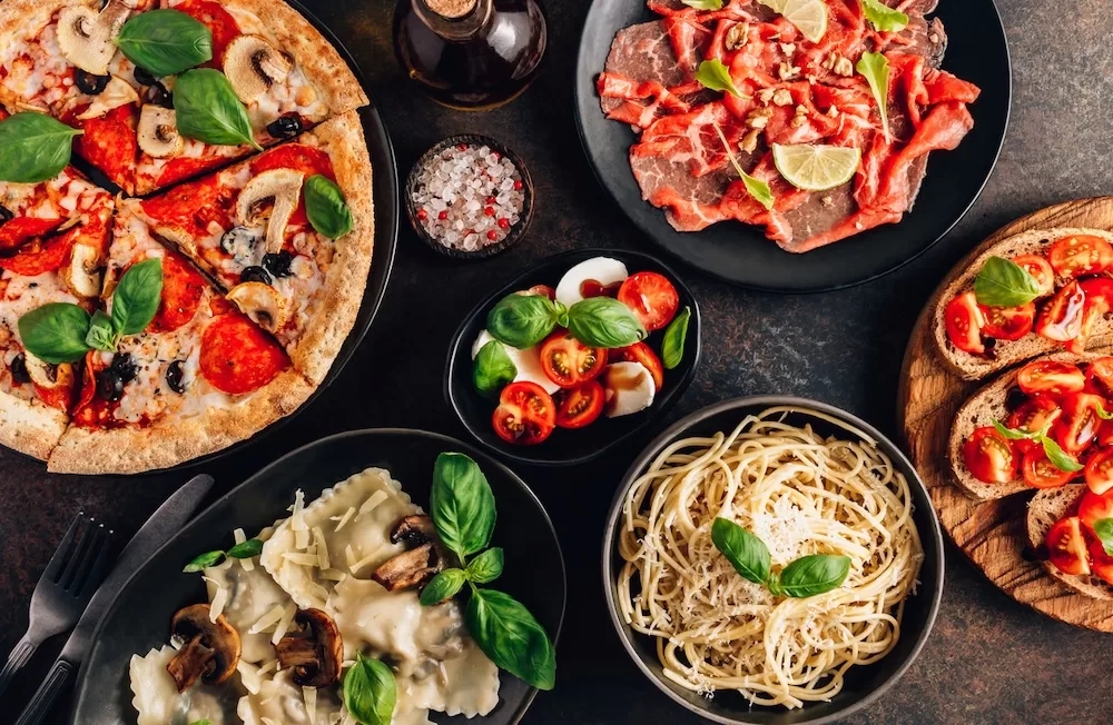 A typical spread of delicious italian food. 