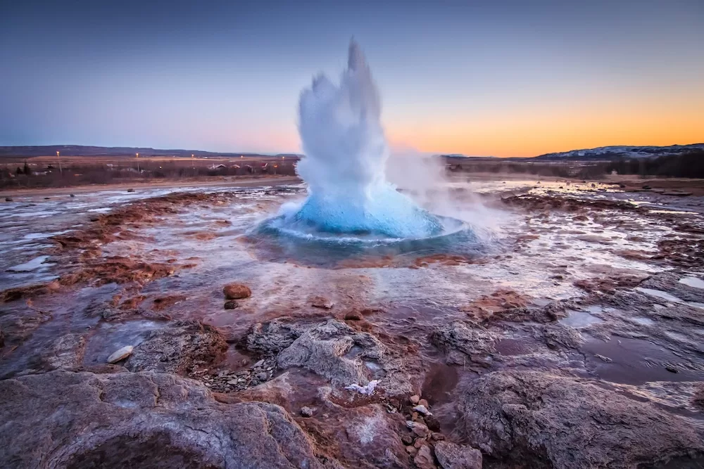 Gullfoss Geysir, in Iceland, one of the most active geothermal sources in the country. 