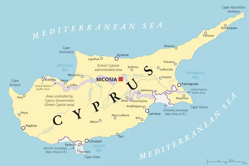 A map of Cyprus.