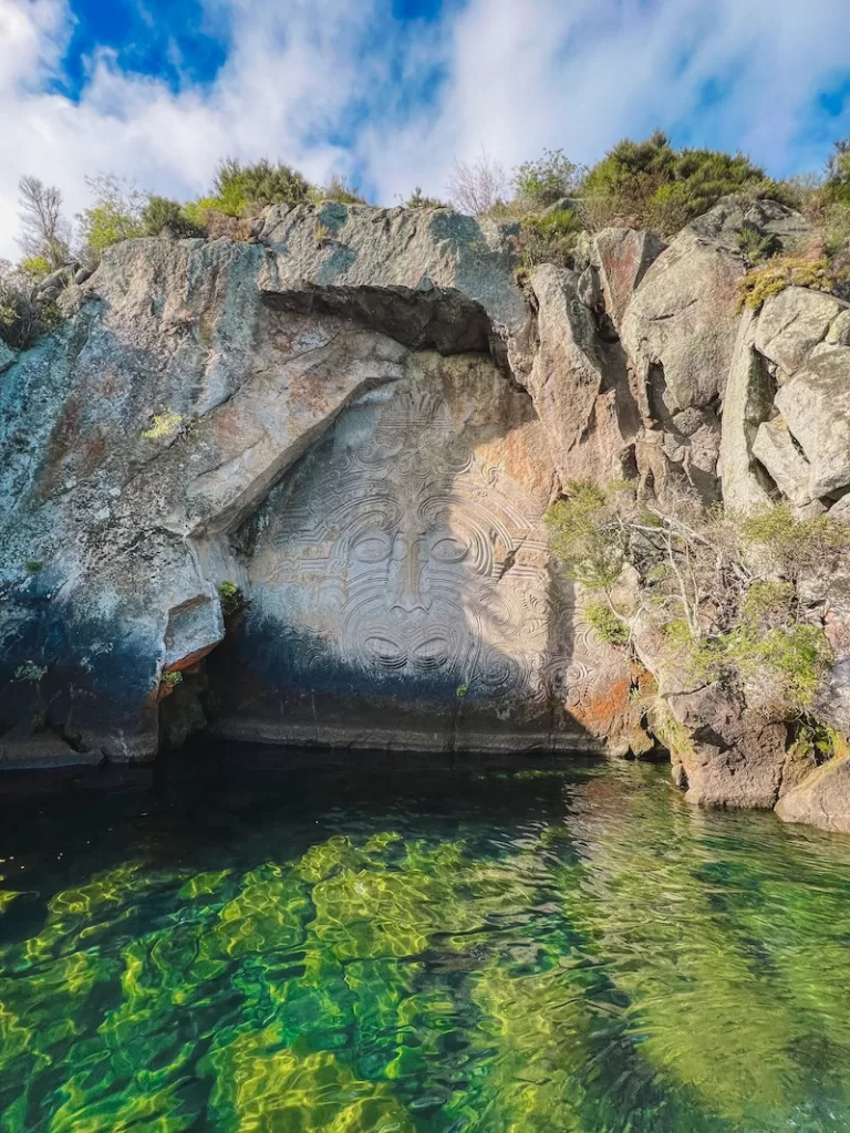 Ngātoroirangi Mine Bay Māori Rock Carvings, Lake Taupō, New Zealand. 