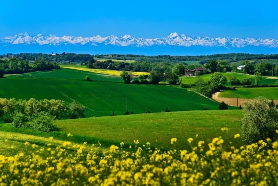 A panoramic view of the Pyrénées mountains.