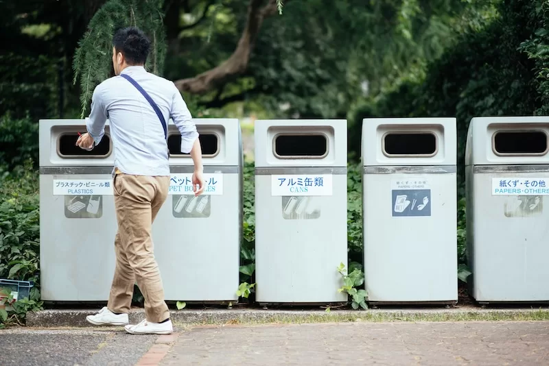 Elaborate recycle bins in parks around Tokyo.